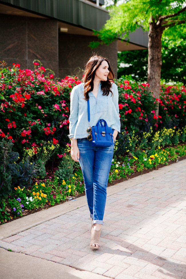 Chambray top and boyfriend jeans on Kendi Everyday
