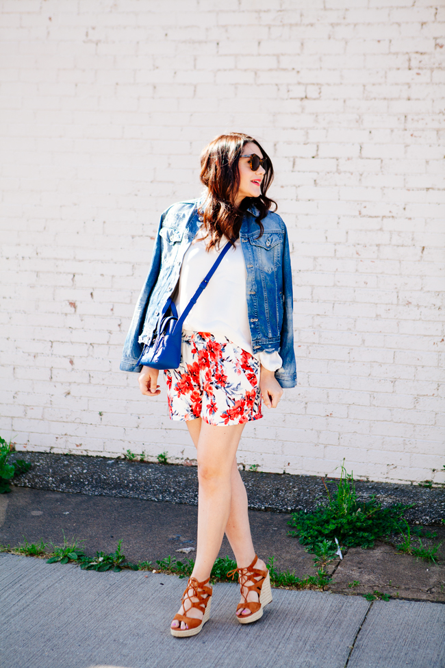 Floral shorts and denim jacket on Kendi Everyday