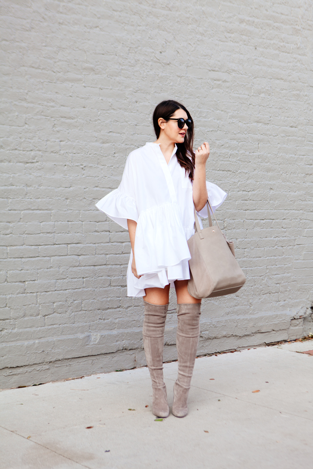 ASOS Layered Frill Hem Oversize Shirt with nude over the knee boots on Kendi Everyday.
